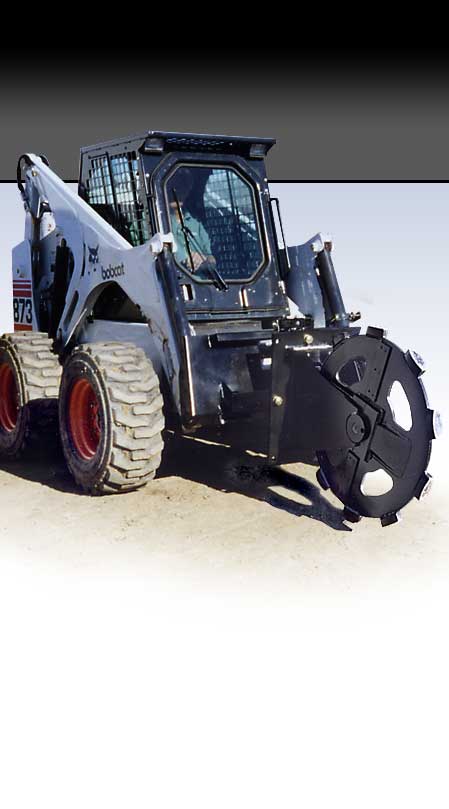 Bobcat Skid Steer with Barone Care-Free compaction wheel attacment for compacting soil and dirt in trenches after excavation and installation of underground utilities.